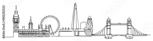 London skyline one continuous line drawing. United Kingdom famous landmarks vector art.