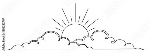 One continuous line drawing of a sunrise or sunset over the clouds Morning or evening sky and weather concept in minimalist one line art style vector illustration