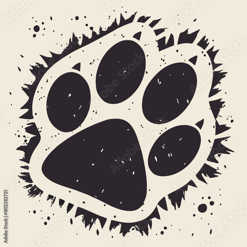 Illustration of a black and white paw print with jagged edges and scattered speckles design element