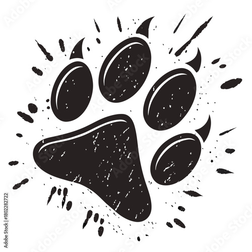 Illustration of a black paw print with claws and splatter marks on a white background design art