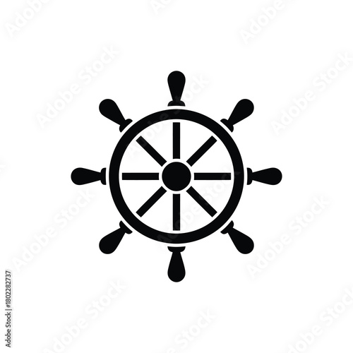 Simple Black and White Ship Wheel on Transparent Background