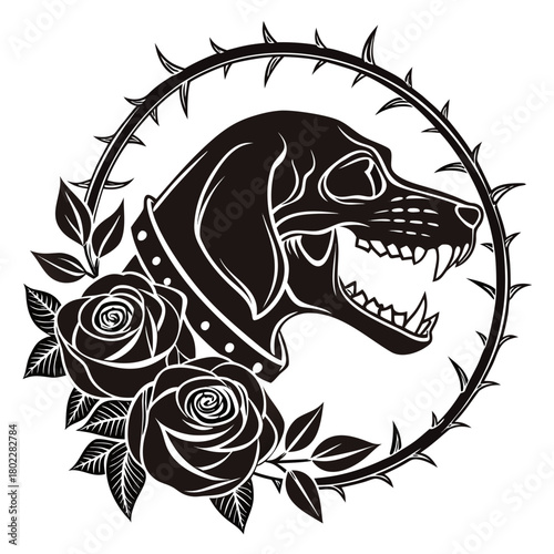 Black and white illustration of a dog skull with roses and a thorny circle around it design vector