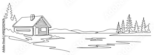Serene log cabin by a lake in a pine forest landscape continuous one line drawing Vector illustration of a peaceful wilderness retreat for a travel or nature concept