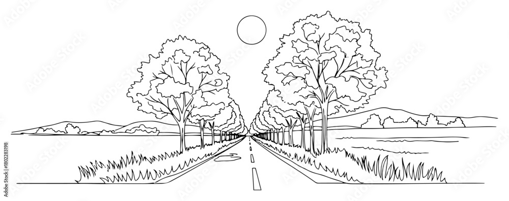 Obraz premium Country road with avenue of trees one continuous line drawing. Journey perspective vector landscape.