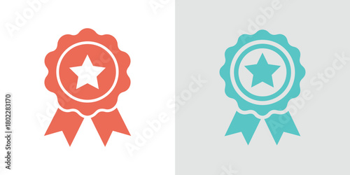 Star rosette icon set with ribbon in coral, aqua, approval symbol on white