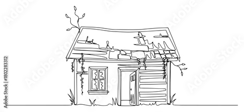 One continuous line drawing of an old abandoned and ruined wooden house Overgrown rustic cabin in minimalist one line art style vector illustration