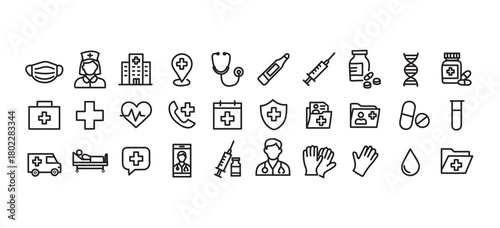 Medical healthcare line icon set. Vector pictograms of stethoscope, thermometer, syringe, pill, medicine, emergency, cross, heart, blood test, ambulance, bed, telehealth, thin linear illustration.