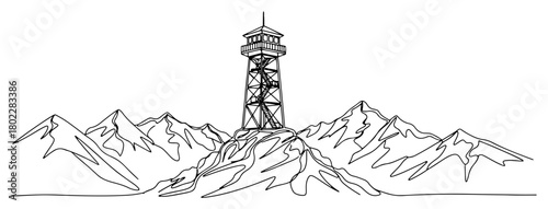 One continuous line drawing of a lookout tower on a mountain peak Scenic alpine landscape and travel adventure in one line art style vector illustration
