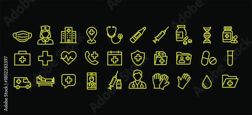 Medical healthcare line icon set. Vector pictograms of stethoscope, thermometer, syringe, pill, medicine, emergency, cross, heart, blood test, ambulance, bed, telehealth, thin linear illustration.