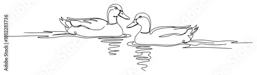 One continuous line drawing of three elegant swans swimming on a lake Graceful wild birds in minimalist one line art style vector illustration