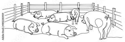 Pigs in a pigsty on a farm Continuous one line drawing Domestic livestock animals minimalist vector illustration