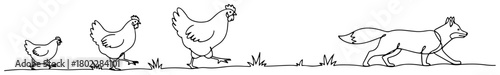 Fox chasing a hen and her chicks on a farm continuous one line drawing Vector illustration of a predator and prey scene in a rural setting