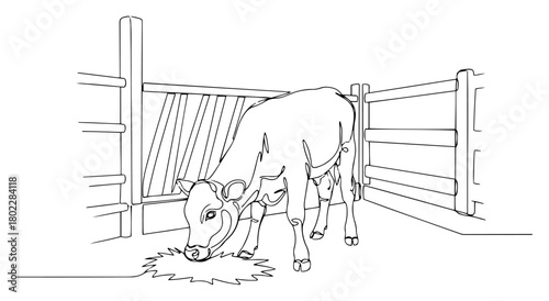 Cow eating hay in a barn continuous one line drawing Vector illustration of a farm animal in a stable for a livestock and agriculture concept
