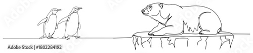 Polar bear and penguins one continuous line drawing. Arctic animals vector illustration.