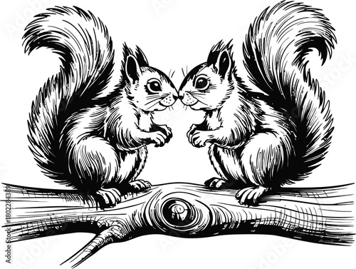 Cute Squirrels on Branch Engraving Style Vector Illustration