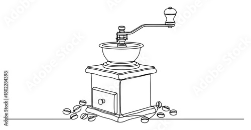 Vintage coffee grinder with beans Continuous one line drawing Retro manual mill for espresso minimalist vector illustration