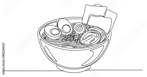 Japanese ramen soup bowl with noodles and egg continuous one line drawing Vector illustration of a traditional Asian dish for a restaurant menu concept