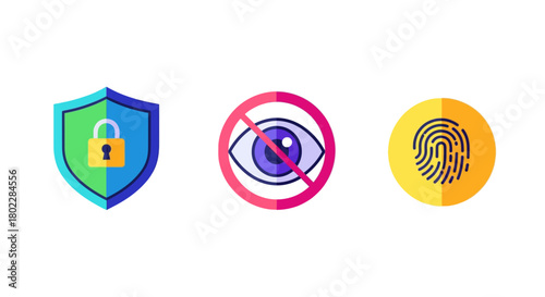 Colorful icons representing security, privacy, and biometrics in modern flat design