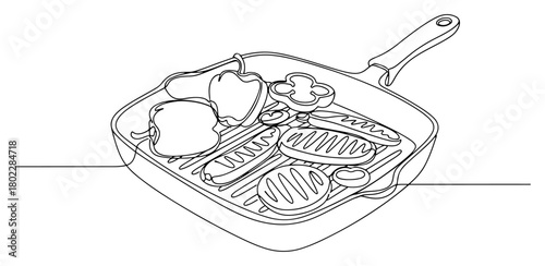 Grilled food on pan one continuous line drawing. Barbecue meat and vegetables vector art.