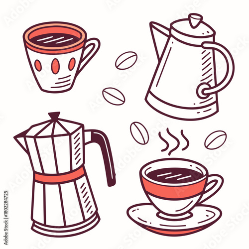 Doodle Style Coffee Icons Set | Hand-Drawn Moka Pot and Tea Kettle Vector