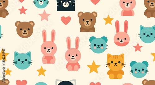 Flat vector seamless kids pattern of cute baby animals with stars and hearts in vivid solid colors. Ideal for children’s wallpapers, fabrics, gift wraps, and playful backgrounds