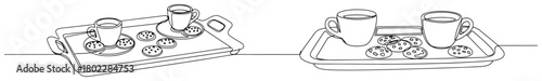 Coffee and cookies on tray one continuous line drawing. Morning breakfast for two vector.
