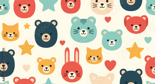 Flat vector seamless kids pattern of cute baby animals with stars and hearts in vivid solid colors. Ideal for children’s wallpapers, fabrics, gift wraps, and playful backgrounds