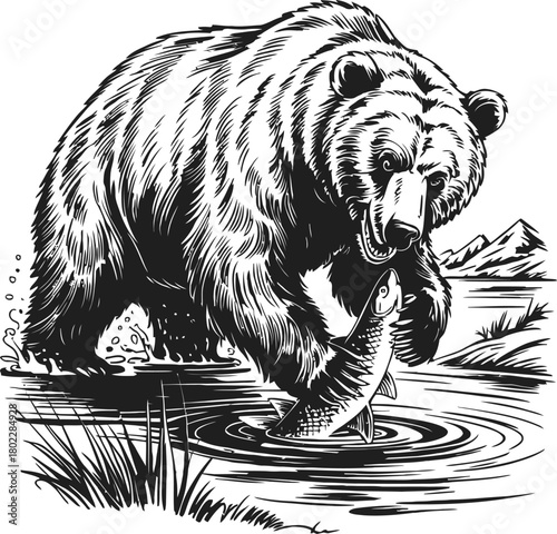 Engraving Style Illustration of Bear Catching Fish in River