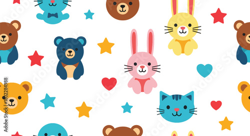 Flat vector seamless kids pattern of cute baby animals with stars and hearts in vivid solid colors. Ideal for children’s wallpapers, fabrics, gift wraps, and playful backgrounds
