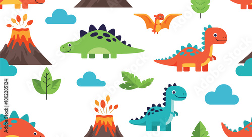 Flat vector seamless dinosaur pattern with friendly dinos, volcanoes, and leaves in bold vivid tones. Ideal for kids’ clothing, wallpapers, notebooks, and playful prints