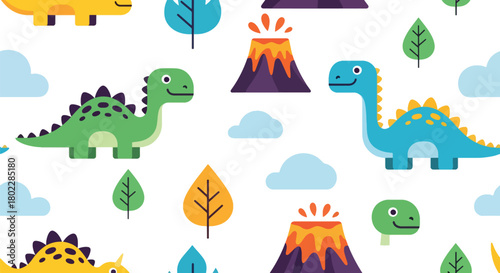 Flat vector seamless dinosaur pattern with friendly dinos, volcanoes, and leaves in bold vivid tones. Ideal for kids’ clothing, wallpapers, notebooks, and playful prints
