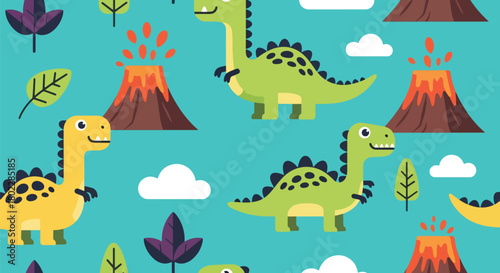 Flat vector seamless dinosaur pattern with friendly dinos, volcanoes, and leaves in bold vivid tones. Ideal for kids’ clothing, wallpapers, notebooks, and playful prints
