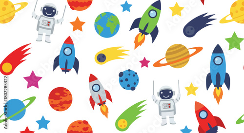 Flat vector seamless pattern with rockets, planets, stars, and astronauts in vivid colors. Ideal for kids’ bedding, notebooks, posters, gift wraps, and playful space themes