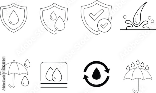 Collection of hand drawn icons representing water resistance and protection against moisture and rain