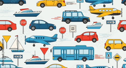Flat vector seamless pattern with cars, planes, buses, and boats in vivid bright tones. Ideal for boys’ clothing, wallpapers, backpacks, and playful transportation themes