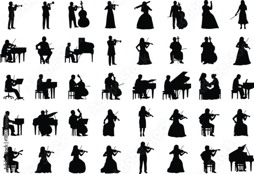 Large collection of musician silhouettes, people playing classical instruments, man and woman with piano, violin, cello, and double bass, isolated vector set.