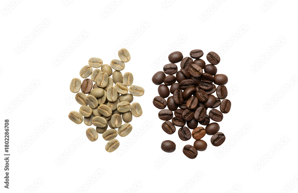 Naklejka premium Green arabica coffee bean seeds along with roasted seeds on a white background