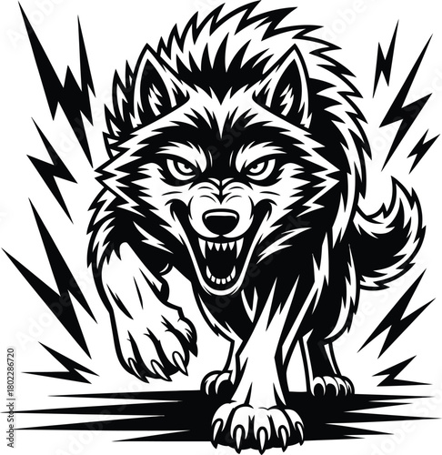 Angry Wolf Attack With Lightning Illustration