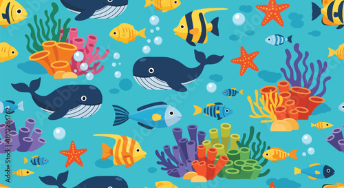 Flat vector seamless underwater pattern with whales, fish, corals, and bubbles in vivid tones. Ideal for kids’ swimwear, room décor, bedding, and cheerful ocean themes