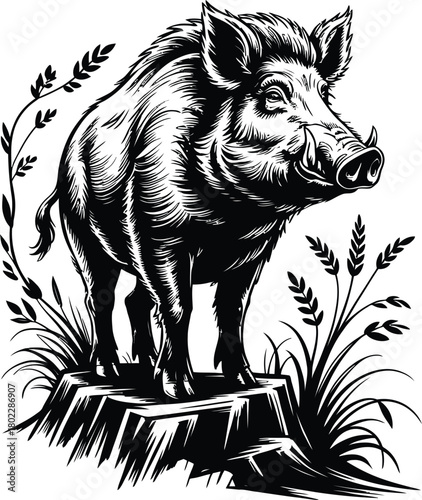 Wild Boar Standing on Tree Stump Vector Illustration