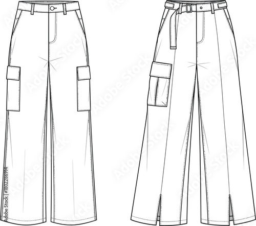 Cargo pants technical fashion flat sketch, set of two wide-leg trousers templates with high waist, flap pockets, front slits, and belt, apparel vector illustration.