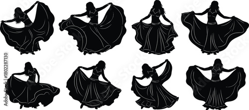 Collection of eight black silhouettes, woman dancing in different poses, belly dancer or gypsy girl holding long skirt, isolated vector figures set.