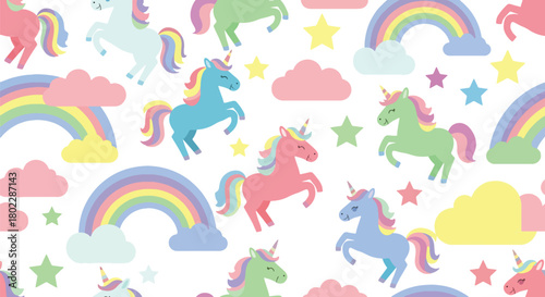 Flat vector seamless unicorn pattern with rainbows, stars, and clouds in vivid pastel tones. Ideal for girls’ clothing, stationery, wallpapers, and dreamy kids’ products