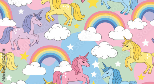 Flat vector seamless unicorn pattern with rainbows, stars, and clouds in vivid pastel tones. Ideal for girls’ clothing, stationery, wallpapers, and dreamy kids’ products