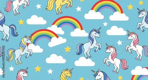 Flat vector seamless unicorn pattern with rainbows, stars, and clouds in vivid pastel tones. Ideal for girls’ clothing, stationery, wallpapers, and dreamy kids’ products