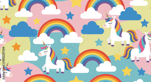 Flat vector seamless unicorn pattern with rainbows, stars, and clouds in vivid pastel tones. Ideal for girls’ clothing, stationery, wallpapers, and dreamy kids’ products
