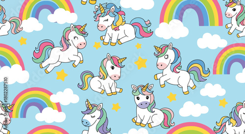 Flat vector seamless unicorn pattern with rainbows, stars, and clouds in vivid pastel tones. Ideal for girls’ clothing, stationery, wallpapers, and dreamy kids’ products