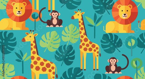 Flat vector seamless jungle safari pattern with lions, giraffes, monkeys, and leaves in vivid warm tones. Ideal for kids’ bedding, fabrics, wallpapers, and playful wild themes