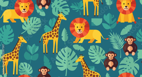 Flat vector seamless jungle safari pattern with lions, giraffes, monkeys, and leaves in vivid warm tones. Ideal for kids’ bedding, fabrics, wallpapers, and playful wild themes