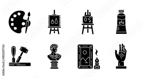 Artistic icons set: palette, easel, canvas, sculpture, and more in monochrome design